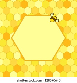 Honeycomb background with a hex frame for your text and a cartoon bee, vector