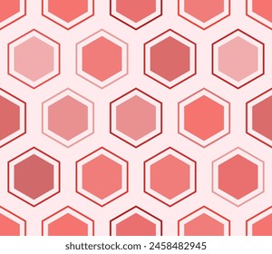 Honeycomb Background. Hexagon mosaic cells with padding and inner solid cells. Red color tones. Large hexagons. Tileable pattern. Seamless vector illustration.