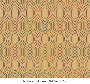 Honeycomb Background. Hexagon stacked mosaic cells. Large hexagon shapes. Multiple tones color palette. Seamless pattern. Tileable vector illustration.