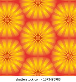 honeycomb background with lines in the form of sun rays in orange halftones on a yellow background. 