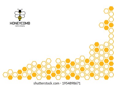 Honigwabenhintergrund, orangefarben. Eckgrenze von geometrischen Hexagons mit süßer Biene. Einfache Hintergrundtextur mit weißem Textbereich. Vektorgrafik.  