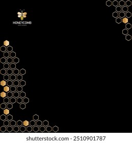 Patrón de fondo de nido de abeja color naranja. Borde de esquina de hexágonos geométricos con abeja linda. Textura de fondo simple con espacio en blanco para texto. Ilustración vectorial. 
