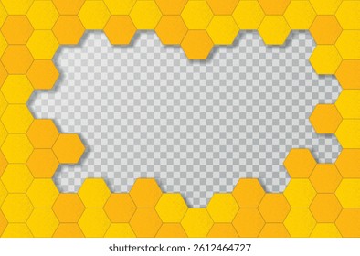 Honeycomb background with yellow hexagons and transparent center for text or image placement. Realistic 3D style with shadow and textured pattern.