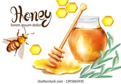 Honeycomb banner watercolor illustration. sunflower and bees Vector templates