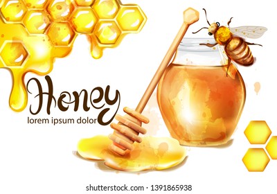 Honeycomb banner watercolor illustration. sunflower and bees Vector templates