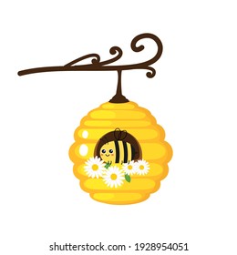 Honeycomb with bee cartoon and daisy flowers on white background vector.