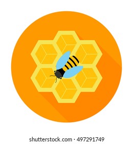 Honeycomb with bee circle icon. Vector illustration of honeycomb with bee on a orange.