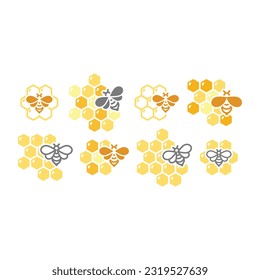 Honeycomb and bee colorful vector icon set. Hexagon honey cell or comb and honeybee icons.