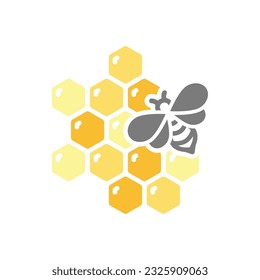 Icono vector colorido de abeja y abeja. Celda de miel de hexágono o símbolo de peine y abeja de miel.