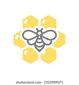 Honeycomb and bee colorful vector icon. Hexagon honey cell or comb and honeybee symbol.