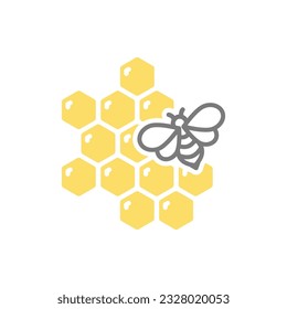 Honeycomb and bee colorful vector icon. Hexagon honey cell or comb and honeybee symbol.