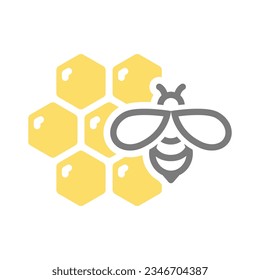 Honeycomb and bee colorful vector icon. Hexagon honey cell or comb and honeybee symbol.