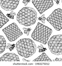 Honeycomb and bee hand drawn vector illustration. Seamless pattern. Sketch style. Healthy food illustration. Design for packaging. Hand drawn background.
