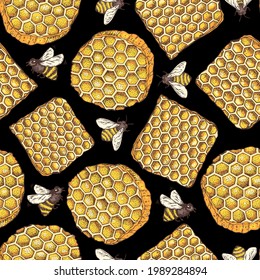 Honigwabe und Bienen handgezeichnet Vektorgrafik. Nahtloses Muster. Illustration von gesundem Essen. Design für die Verpackung. Handgezeichnet Hintergrund.