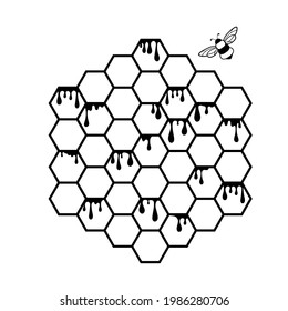 Honigwabensymbol und Bienensymbol. Honigwaben mit aktuellen Tropfen Honig. Schwarz-Weiß-Vektorgrafik ist einzeln auf weißem Hintergrund.