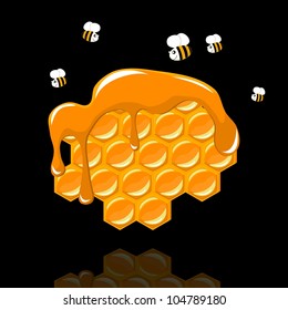 honeycomb with a bee on black background - vector illustration
