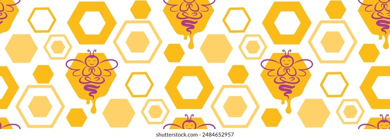 Panal de abeja con patrón sin fisuras. Células hexagonales geométricas de mosaico, gotas frescas amarillas de miel que fluyen de los marcos, alimentos orgánicos saludables de la granja. Yoga meditativo asana. Ilustración vectorial para la marca.