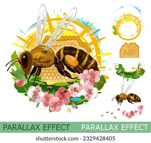 Honeycomb bee. set of slides create parallax image layer. Cartoon style. Isolated on white background. Vector.