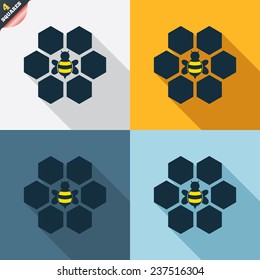 Honeycomb with bee sign icon. Honey cells symbol. Sweet natural food. Four squares. Colored Flat design buttons. Vector