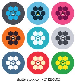 Honeycomb with bee sign icon. Honey cells symbol. Sweet natural food. Colored round buttons. Flat design circle icons set. Vector