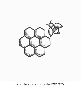 Honeycomb and bee sketch icon for web, mobile and infographics. Hand drawn honeycomb and bee icon. Honeycomb and bee vector icon. Honeycomb and bee icon isolated on white background.