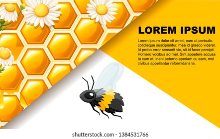 Honeycomb with bee and white white daisy. Web site page and mobile app design. Flat vector illustration on white background. Place for text.