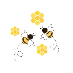 Ruche D'abeille En Peigne De Miel Avec Cellules De Grille Hexagonale Et Logo De Dessin Animé Sur Fond Blanc, Illustration Vectorielle.