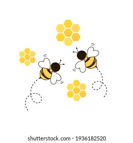 Сотовый улей с ячейками шестиугольной сетки и логотипом мультфильма пчелы на белом фоне векторной иллюстрации.