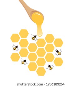 Honeycomb beehive with hexagon grid cells, honey spoon and bee cartoon on white background vector illustration.