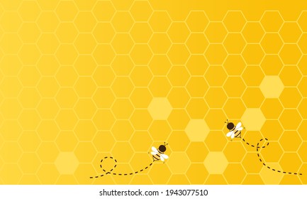 Honeycomb beehive with hexagon grid cells and bee cartoons on yellow background vector illustration.