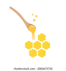 Honeycomb beehive with hexagon grid cells, honey spoon on white background vector illustration.