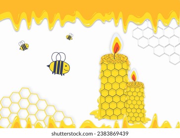 Honeycomb beehive with hexagon grid cells and flying bees cartoon with liquid honey dipper, on white background with puddles and drops of honey. Burning hand-rolled candles, handmade candles.