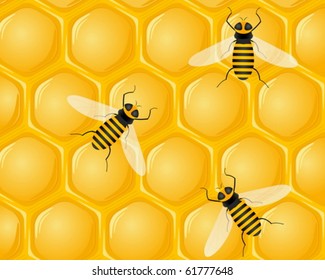 Honeycomb and bees background. Vector illustration.
