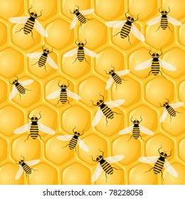 Honeycomb and bees background. Vector illustration.