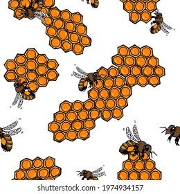 Honeycomb and bees drawn doodles vector seamless pattern design on white background EPS10