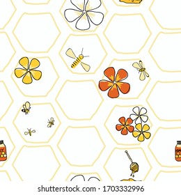 In The Honeycomb Bees And Flowers Seamless Pattern Vector On White Honey Comb Background. Surface Design