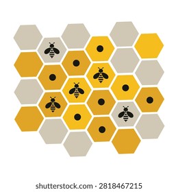 A honeycomb with bees and hexagonal cells in yellow and gray on white background