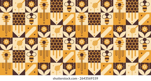 Honeycomb bees and honey geometric pattern.