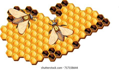 Honeycomb with bees. Illustration on the topic of Bitcoin