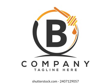 Honeycomb bees Logo With B Letter Concept. Honey logo font emblem vector illustration