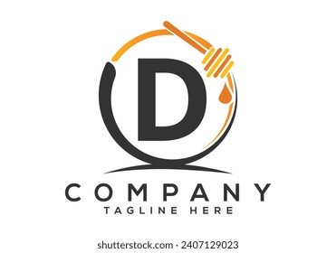 Honeycomb bees Logo With D Letter Concept. Honey logo font emblem vector illustration