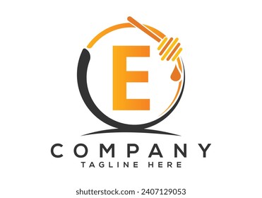 Honeycomb bees Logo With E Letter Concept. Honey logo font emblem vector illustration