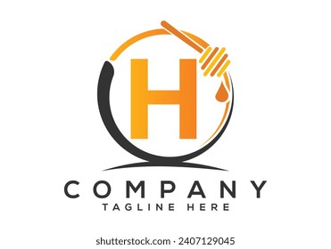 Honeycomb bees Logo With H Letter Concept. Honey logo font emblem vector illustration