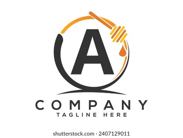 Honeycomb bees Logo With A Letter Concept. Honey logo font emblem vector illustration