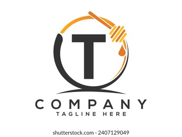 Honeycomb bees Logo With T Letter Concept. Honey logo font emblem vector illustration