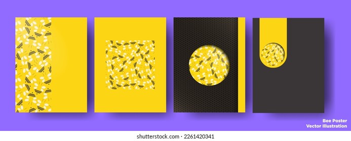 Juego de afiches minimalista de abejas de Honeycomb. Patrón de abejas planas sobre antecedentes oscuros y de abeja. Editable con espacio de copia. Para carteles, tarjetas, portadas, volantes, folletos, documentos. EPS 10.