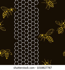 Honeycomb and bees on a black background. Seamless  pattern. Hand-drawn vector illustration. Nature abstract background.