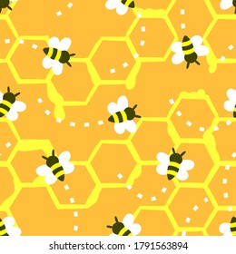 Honeycomb And Bees Pattern, Beehives Illustration, Seamless Pattern, Vector EPS 10.