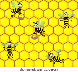 Honeycomb and bees seamless vector pattern