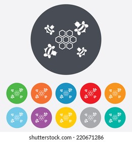 Honeycomb with bees sign icon. Honey cells symbol. Sweet natural food. Round colourful 11 buttons. Vector